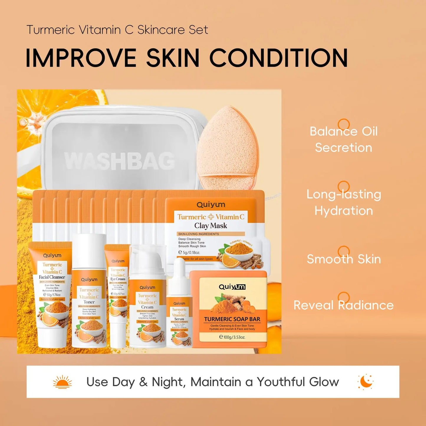 Hydrating Turmeric Skin Care Moisture Set, 1 Set Facial Cleanser & Toner & Serum & Eye Cream & Face Moisturizer & Soap & Makeup Bag & 12Pcs Mud Mask, Moisturizing Skin Care Kit for Women, Hydrate Skin Care Products, Glow Kit, Skin Care Sets