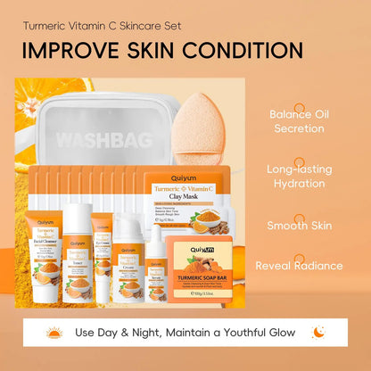 Hydrating Turmeric Skin Care Moisture Set, 1 Set Facial Cleanser & Toner & Serum & Eye Cream & Face Moisturizer & Soap & Makeup Bag & 12Pcs Mud Mask, Moisturizing Skin Care Kit for Women, Hydrate Skin Care Products, Glow Kit, Skin Care Sets