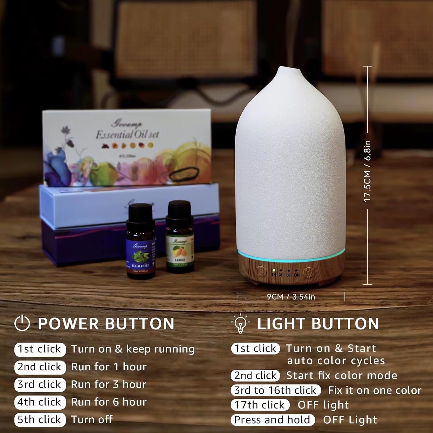 Ceramic Essential Oil Diffuser Ultrasonic Aromatherapy Humidifier with 7-Color LED Lights Auto Shut-Off 1H/3H/6H Timer