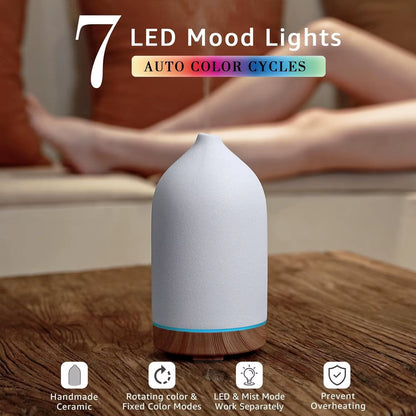 Ceramic Essential Oil Diffuser Ultrasonic Aromatherapy Humidifier with 7-Color LED Lights Auto Shut-Off 1H/3H/6H Timer